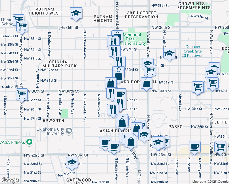 map of restaurants, bars, coffee shops, grocery stores, and more near 1406 Northwest 30th Street in Oklahoma City