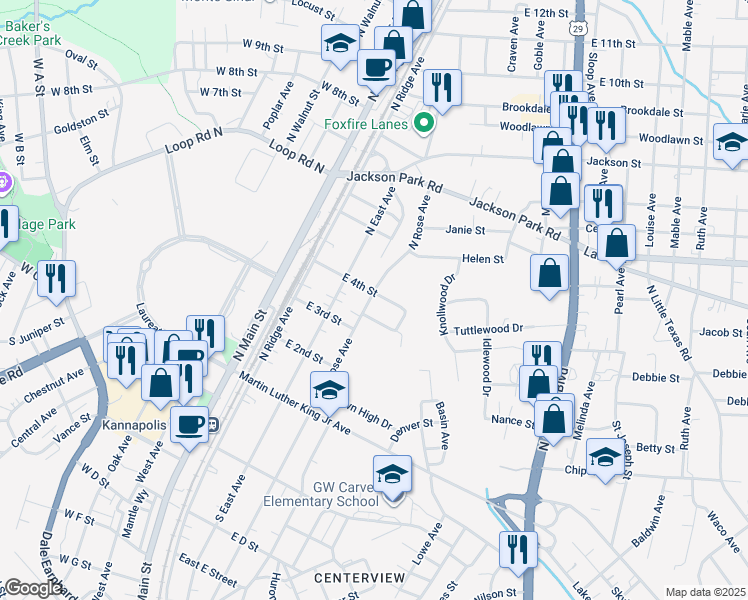 map of restaurants, bars, coffee shops, grocery stores, and more near 400 East 4th Street in Kannapolis