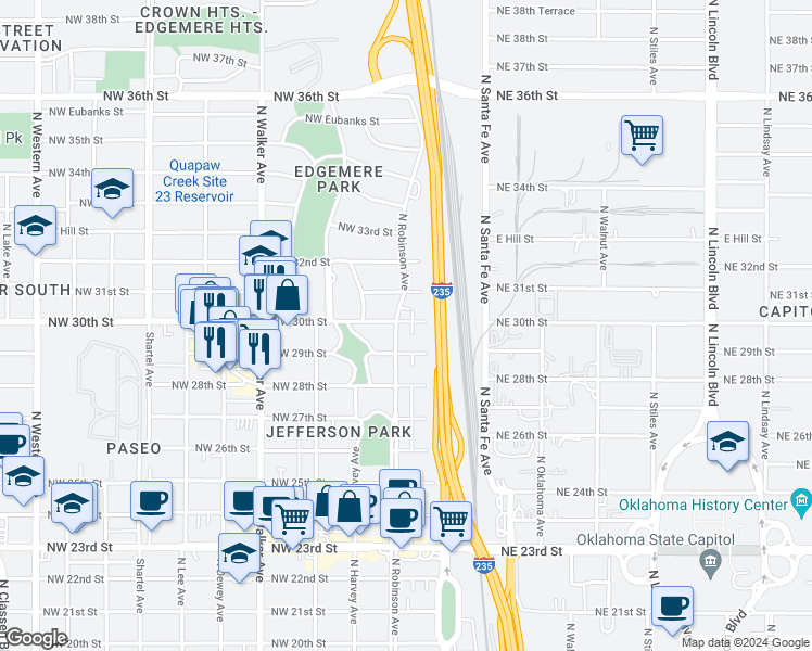 map of restaurants, bars, coffee shops, grocery stores, and more near 124 Northwest 30th Street in Oklahoma City