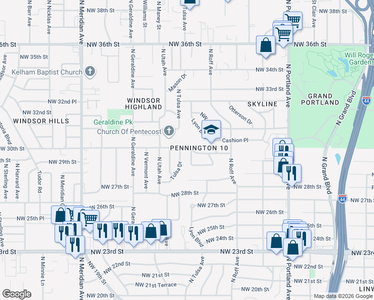 map of restaurants, bars, coffee shops, grocery stores, and more near 3101 Lyon Boulevard in Oklahoma City