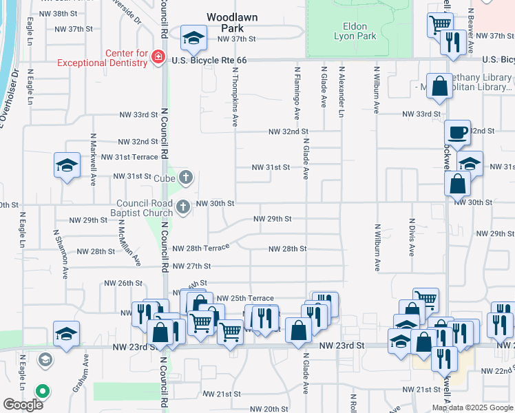 map of restaurants, bars, coffee shops, grocery stores, and more near 7700 Flamingo Avenue in Bethany