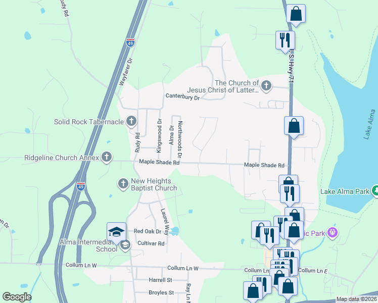 map of restaurants, bars, coffee shops, grocery stores, and more near 1321 Springdale Dr in Alma