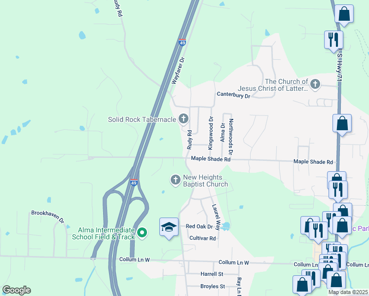 map of restaurants, bars, coffee shops, grocery stores, and more near 1223 Rudy Road in Alma