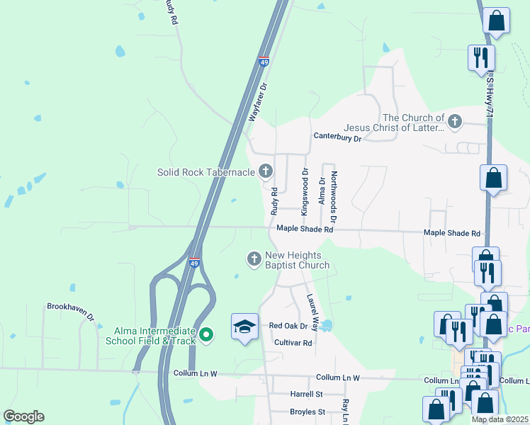 map of restaurants, bars, coffee shops, grocery stores, and more near 1223 Rudy Road in Alma