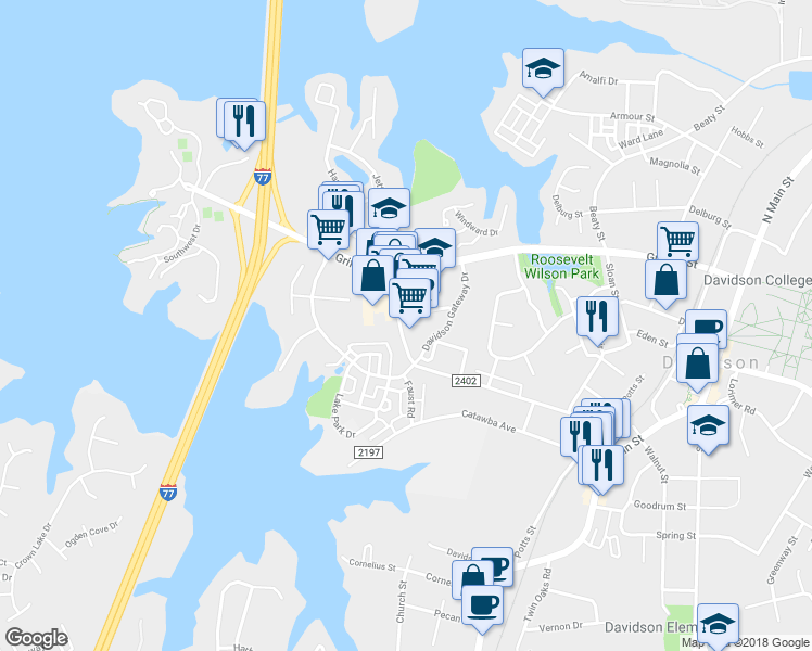 map of restaurants, bars, coffee shops, grocery stores, and more near 560 Jetton Street in Davidson
