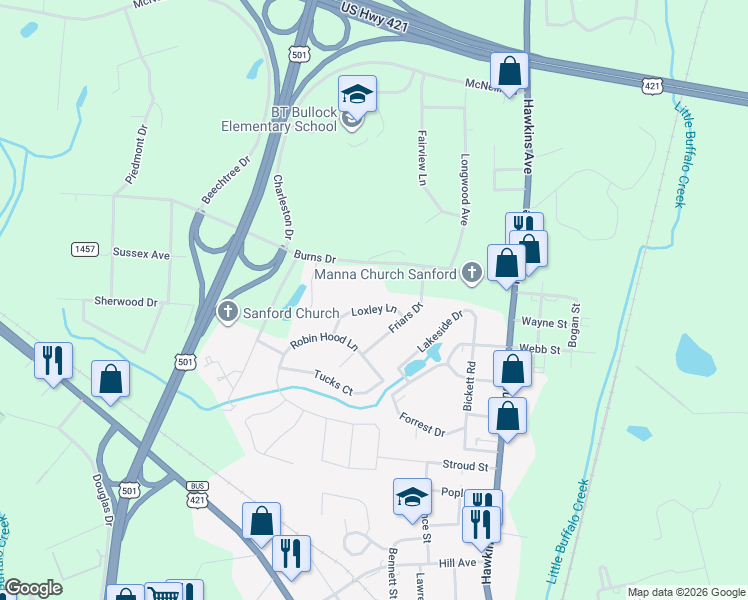 map of restaurants, bars, coffee shops, grocery stores, and more near 214-216 Loxley Lane in Sanford