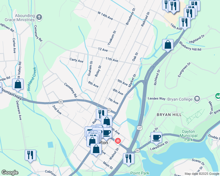 map of restaurants, bars, coffee shops, grocery stores, and more near 1719 Railroad Street in Dayton