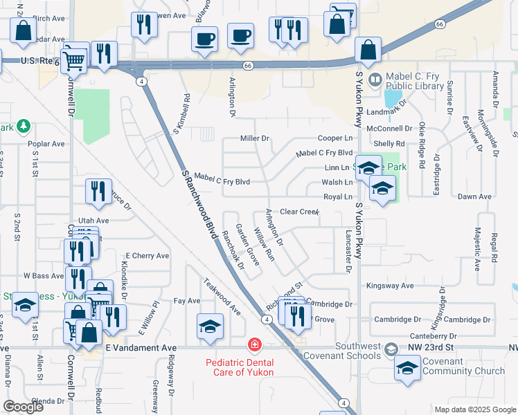 map of restaurants, bars, coffee shops, grocery stores, and more near 805 Clear Creek in Yukon