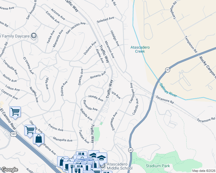 map of restaurants, bars, coffee shops, grocery stores, and more near 5181 Alamo Avenue in Atascadero