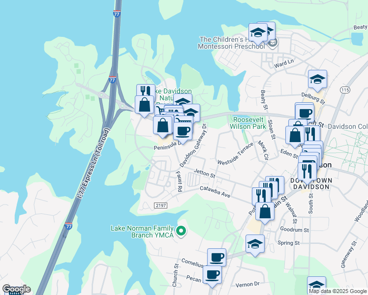 map of restaurants, bars, coffee shops, grocery stores, and more near 431 Peninsula Drive in Davidson