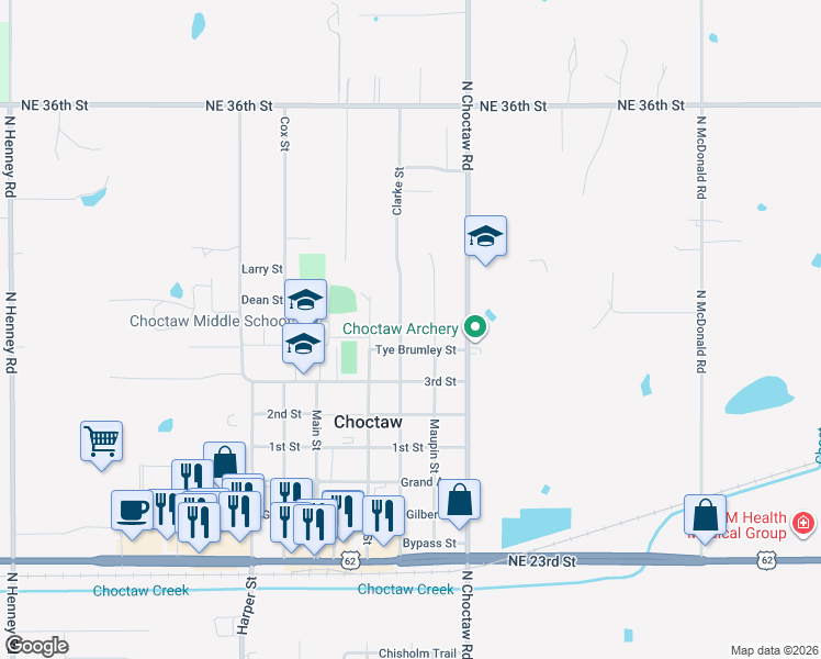 map of restaurants, bars, coffee shops, grocery stores, and more near 3052 Clarke Street in Choctaw