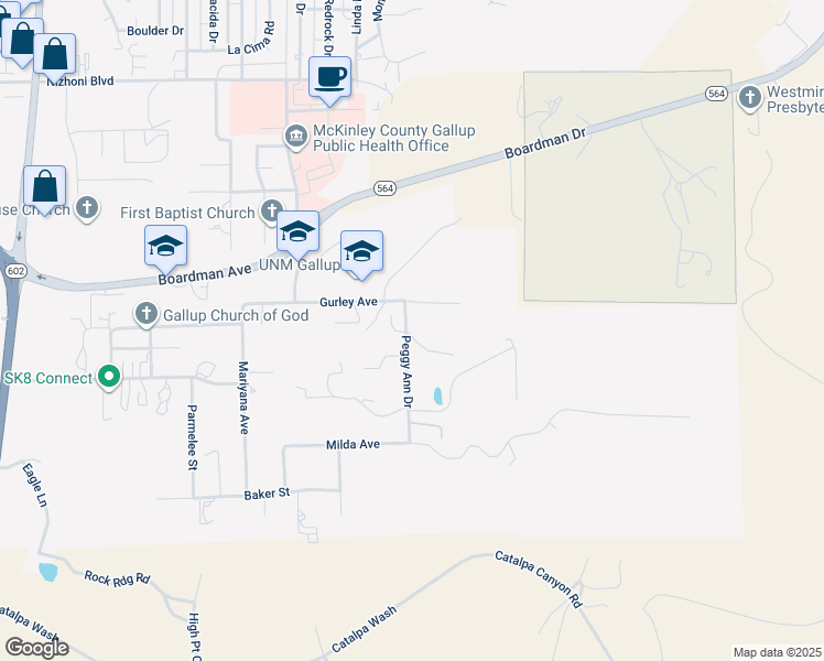 map of restaurants, bars, coffee shops, grocery stores, and more near 2230-2306 Peggy Ann Drive in Gallup
