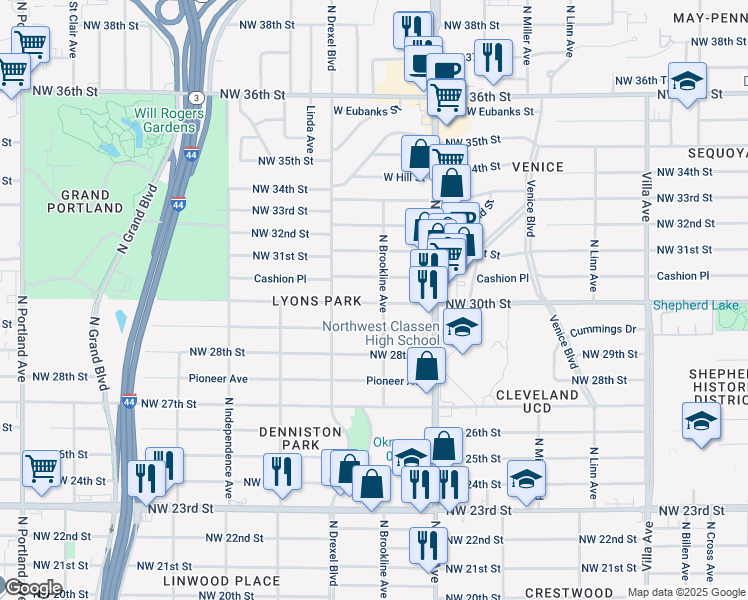 map of restaurants, bars, coffee shops, grocery stores, and more near 3025 Northwest 30th Street in Oklahoma City