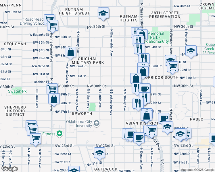 map of restaurants, bars, coffee shops, grocery stores, and more near 1612 Northwest 30th Street in Oklahoma City