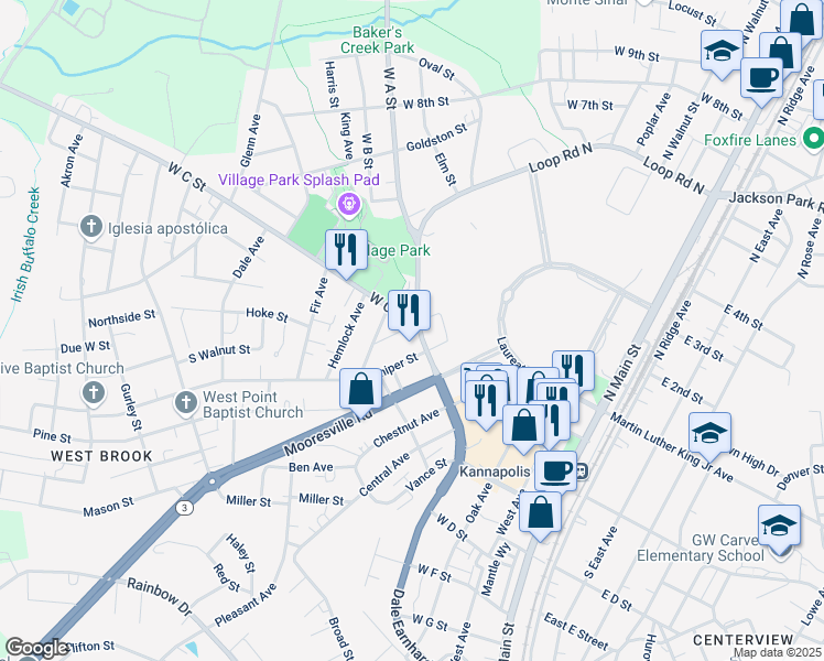 map of restaurants, bars, coffee shops, grocery stores, and more near 301 South Walnut Street in Kannapolis