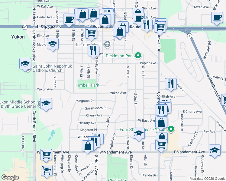 map of restaurants, bars, coffee shops, grocery stores, and more near 403 Yukon Avenue in Yukon