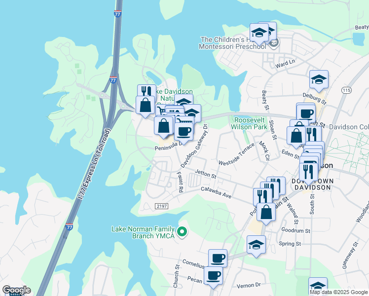 map of restaurants, bars, coffee shops, grocery stores, and more near 431 Peninsula Drive in Davidson