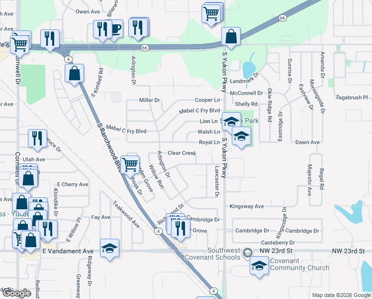 map of restaurants, bars, coffee shops, grocery stores, and more near 921 Clear Creek in Yukon