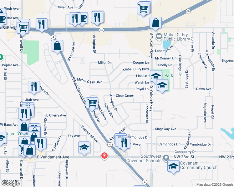 map of restaurants, bars, coffee shops, grocery stores, and more near 907 Clear Creek in Yukon