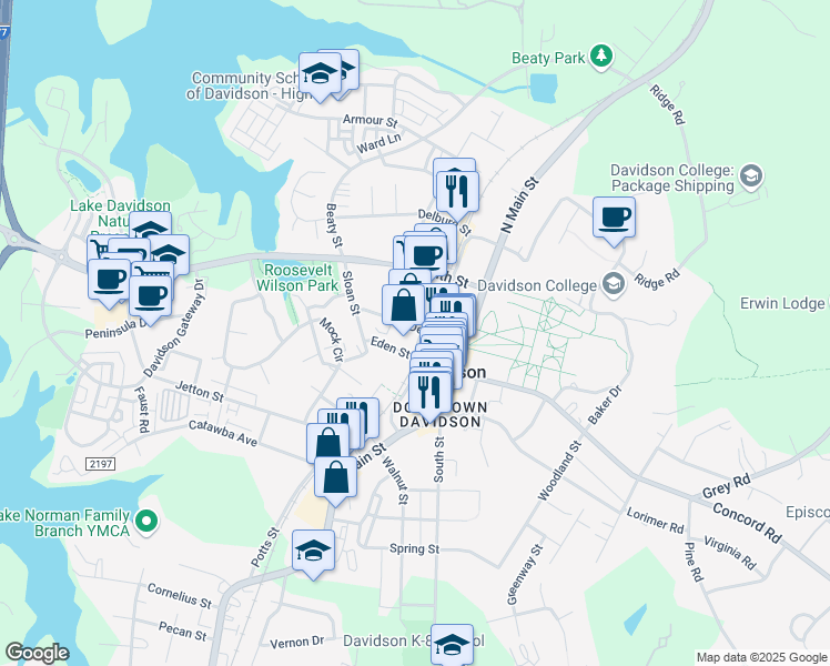 map of restaurants, bars, coffee shops, grocery stores, and more near 102 Eden Street in Davidson