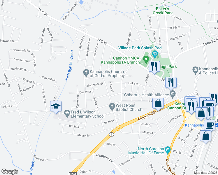 map of restaurants, bars, coffee shops, grocery stores, and more near 1016 Hoke Street in Kannapolis