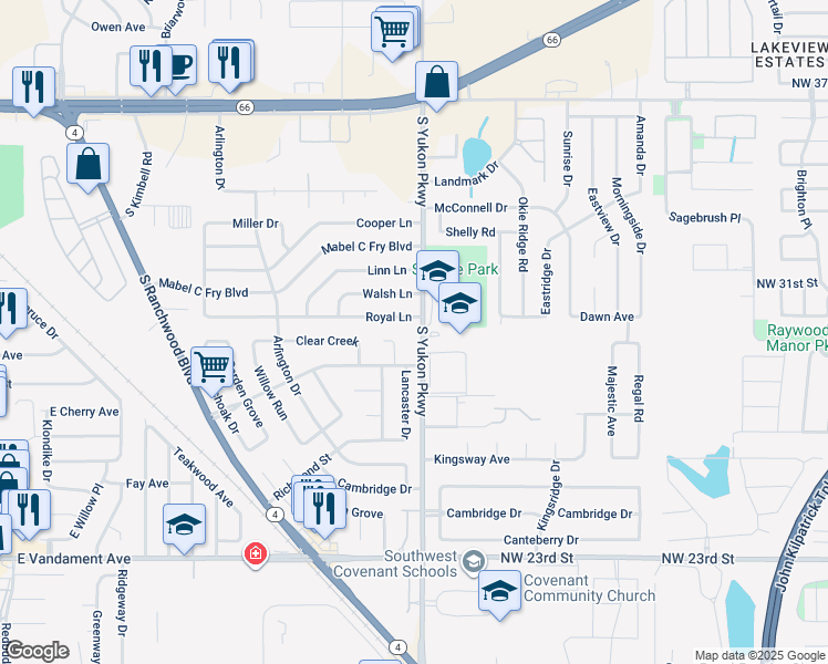 map of restaurants, bars, coffee shops, grocery stores, and more near 717 South Yukon Parkway in Yukon