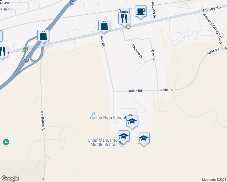 map of restaurants, bars, coffee shops, grocery stores, and more near Rico Street in Gallup