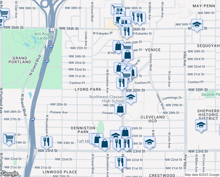 map of restaurants, bars, coffee shops, grocery stores, and more near 2941 Northwest 30th Street in Oklahoma City