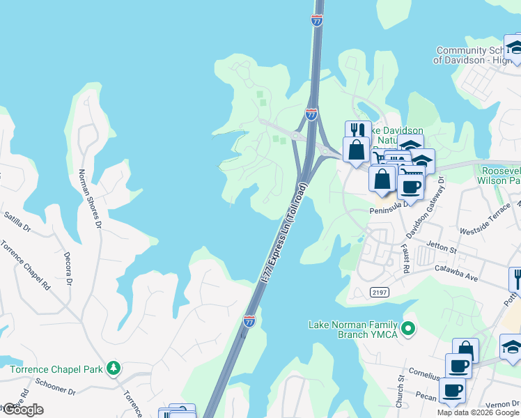 map of restaurants, bars, coffee shops, grocery stores, and more near 1236 Torrence Circle in Davidson