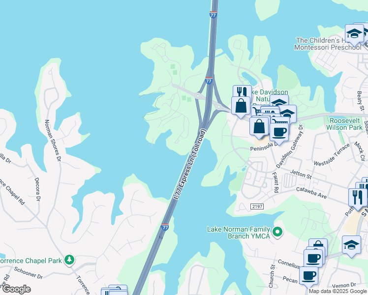 map of restaurants, bars, coffee shops, grocery stores, and more near 1328 Torrence Circle in Davidson