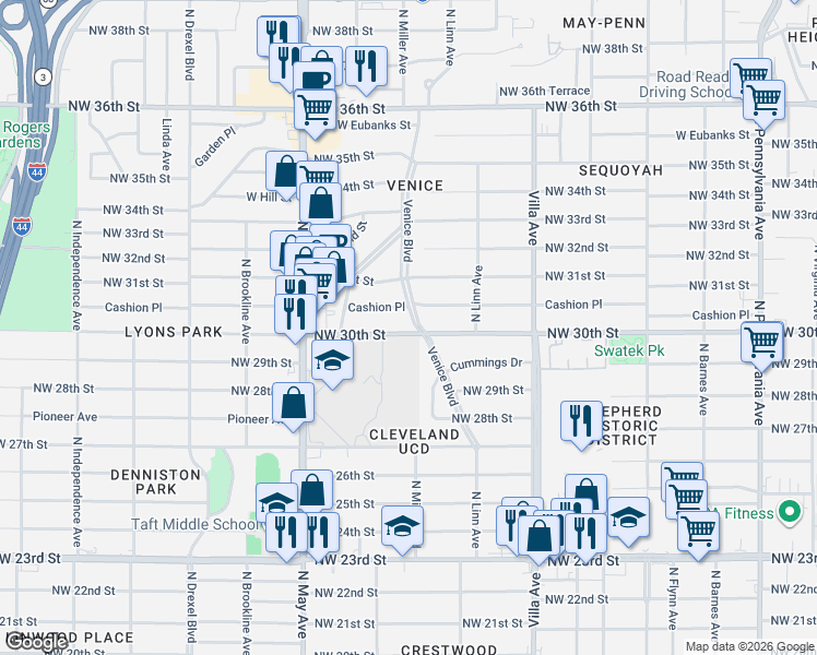 map of restaurants, bars, coffee shops, grocery stores, and more near 3101 Venice Boulevard in Oklahoma City
