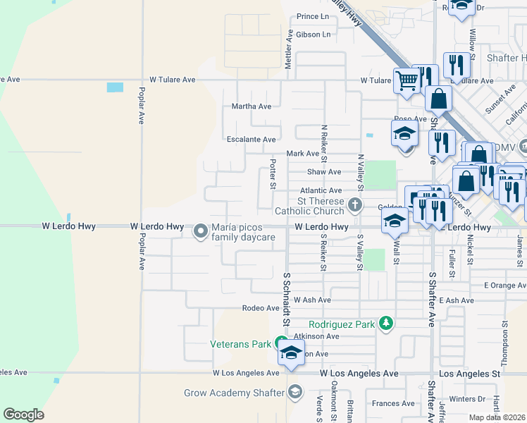 map of restaurants, bars, coffee shops, grocery stores, and more near 134 Clemson Street in Shafter