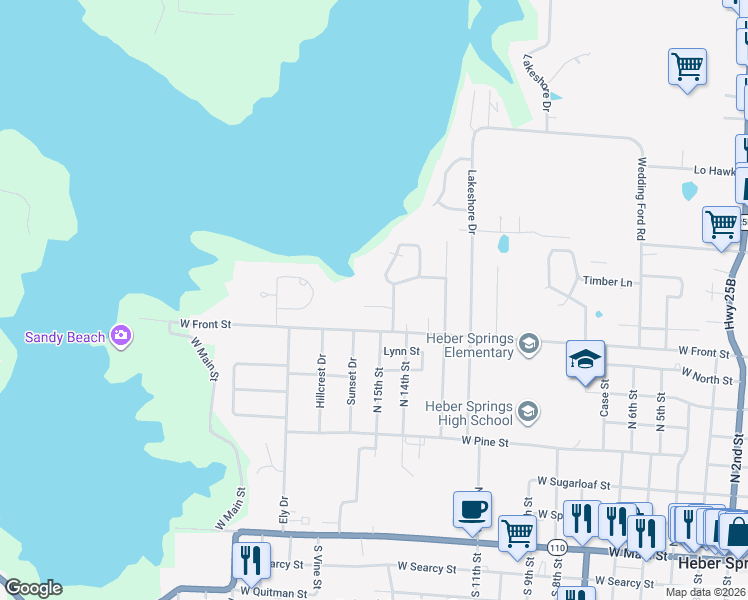 map of restaurants, bars, coffee shops, grocery stores, and more near 1424 Lee Place in Heber Springs