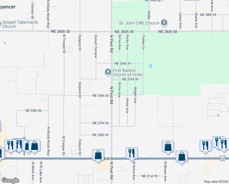 map of restaurants, bars, coffee shops, grocery stores, and more near 3108 North Post Road in Oklahoma City