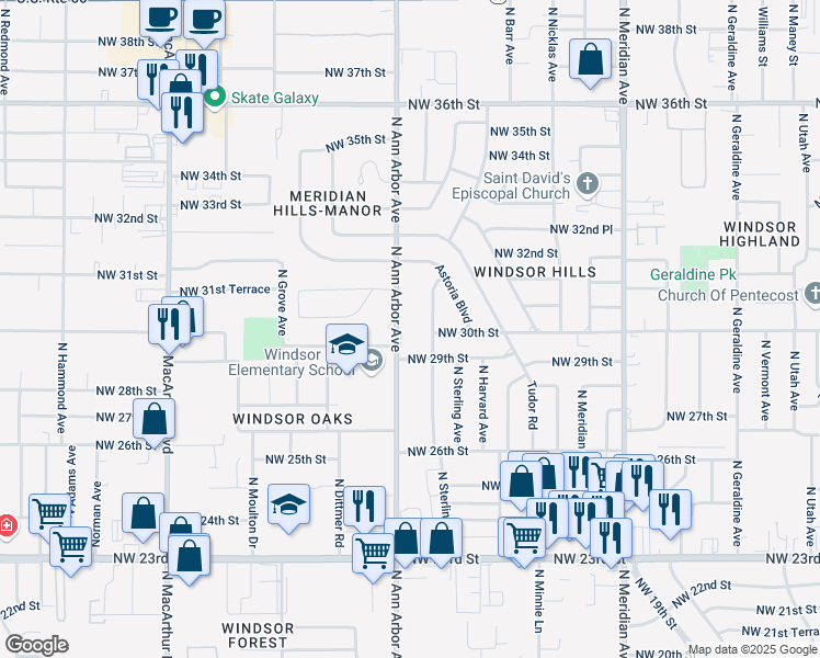 map of restaurants, bars, coffee shops, grocery stores, and more near 3008 North Ann Arbor Avenue in Oklahoma City