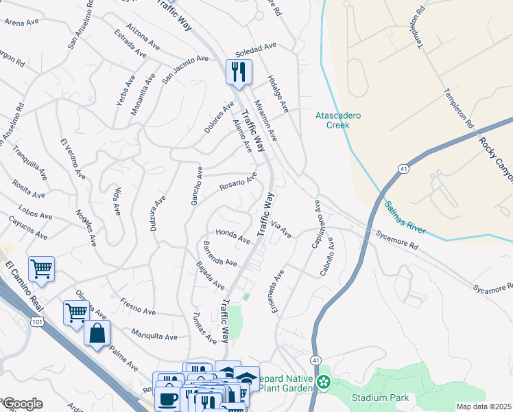 map of restaurants, bars, coffee shops, grocery stores, and more near 5181 Alamo Avenue in Atascadero