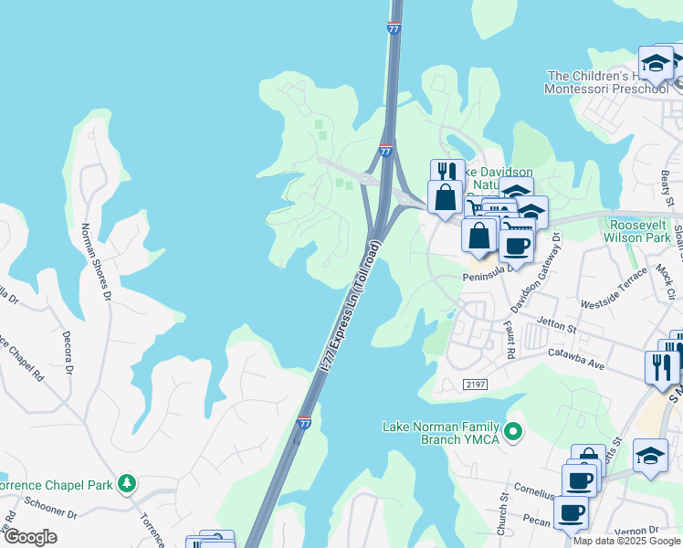 map of restaurants, bars, coffee shops, grocery stores, and more near 1328 Torrence Circle in Davidson