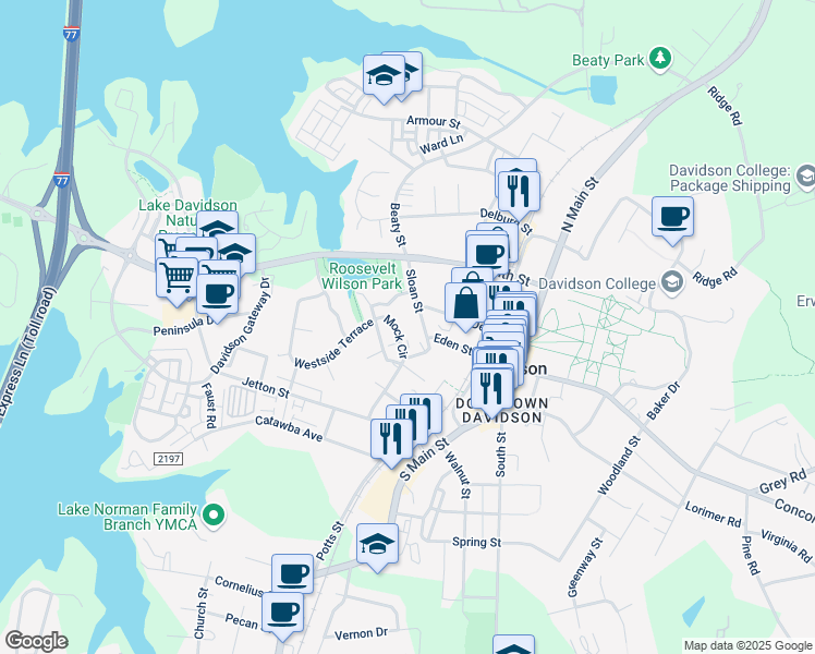 map of restaurants, bars, coffee shops, grocery stores, and more near 124 Mock Circle in Davidson