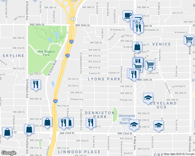 map of restaurants, bars, coffee shops, grocery stores, and more near 3131 Northwest 30th Street in Oklahoma City