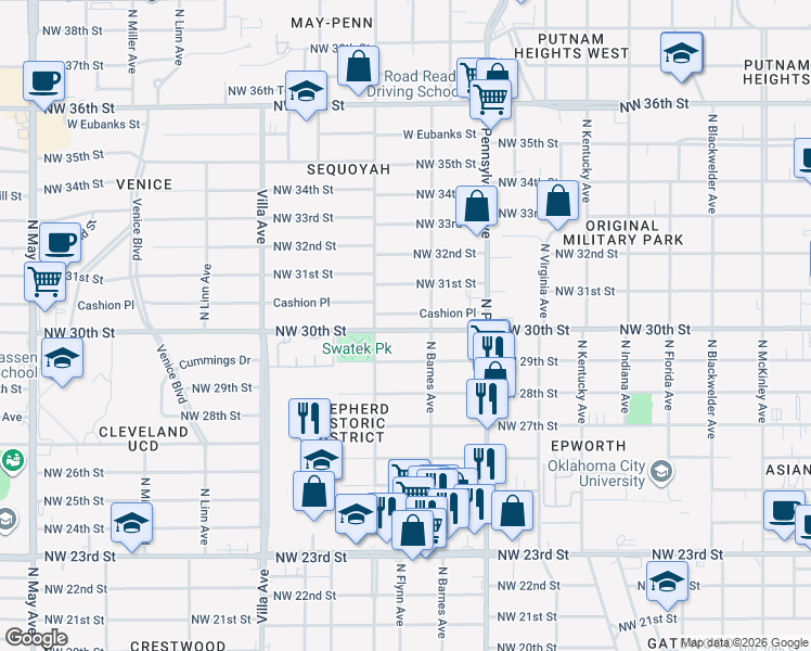 map of restaurants, bars, coffee shops, grocery stores, and more near 2221 Northwest 30th Street in Oklahoma City