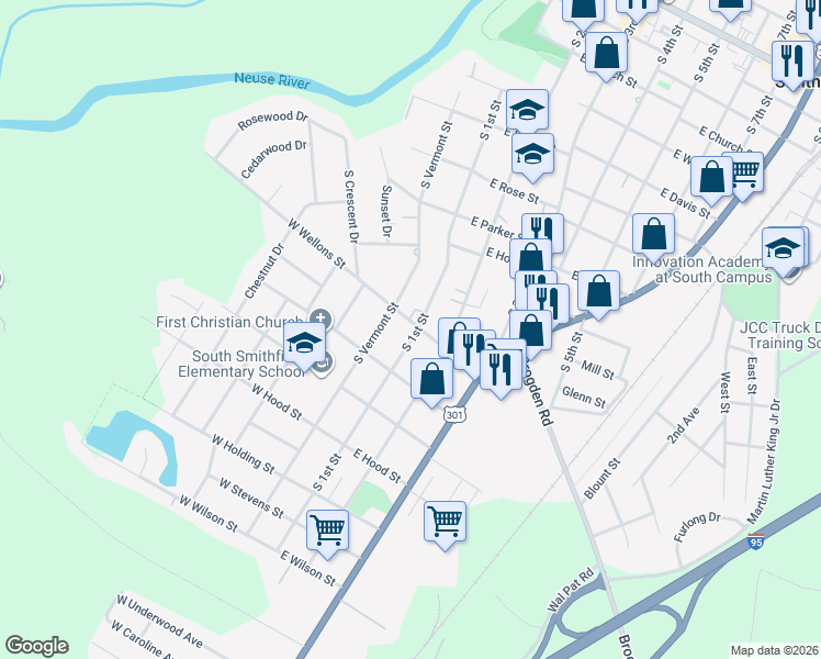 map of restaurants, bars, coffee shops, grocery stores, and more near 902 South 1st Street in Smithfield
