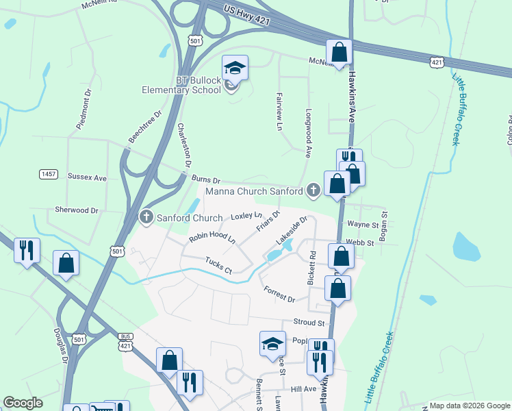 map of restaurants, bars, coffee shops, grocery stores, and more near 214 Loxley Lane in Sanford