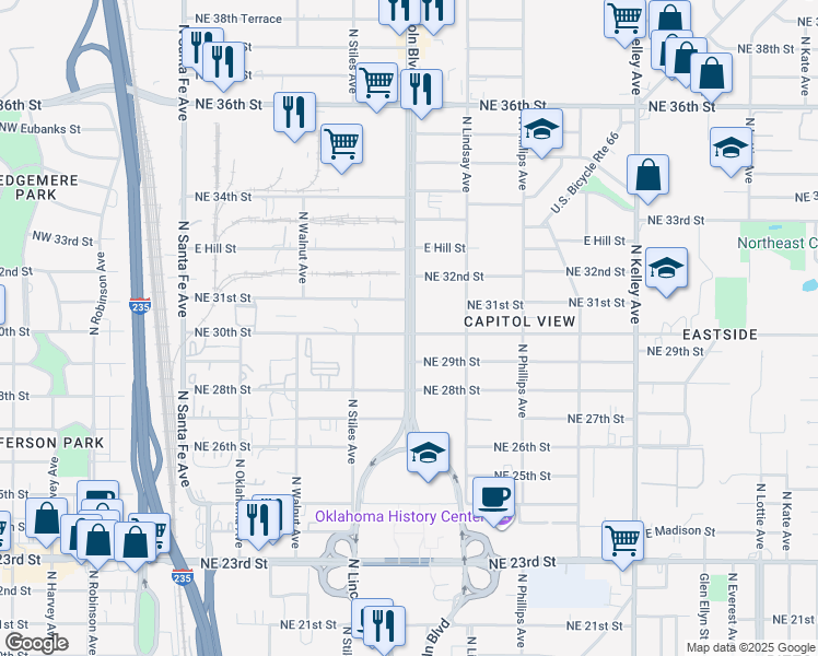 map of restaurants, bars, coffee shops, grocery stores, and more near 3115 North Lincoln Boulevard in Oklahoma City