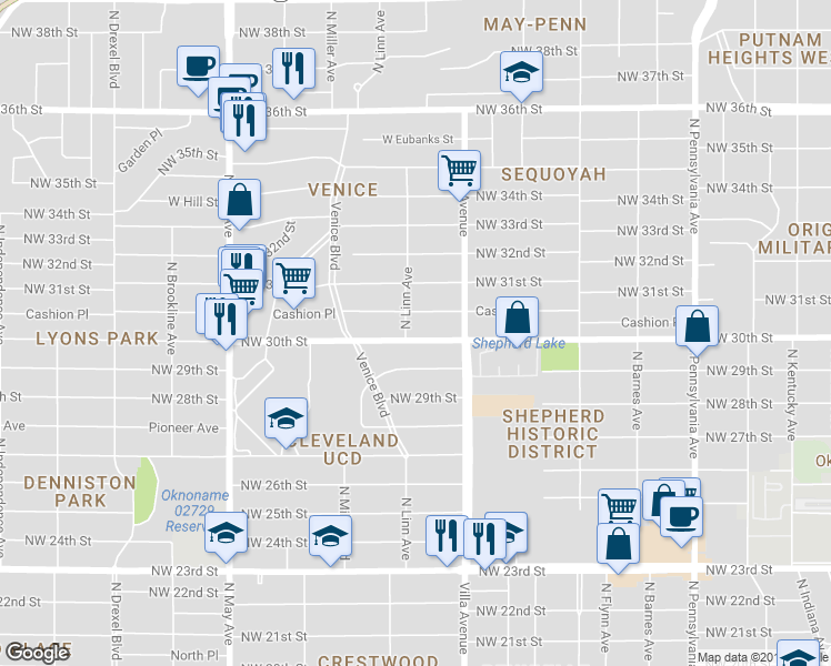 map of restaurants, bars, coffee shops, grocery stores, and more near 2541 Northwest 30th Street in Oklahoma City