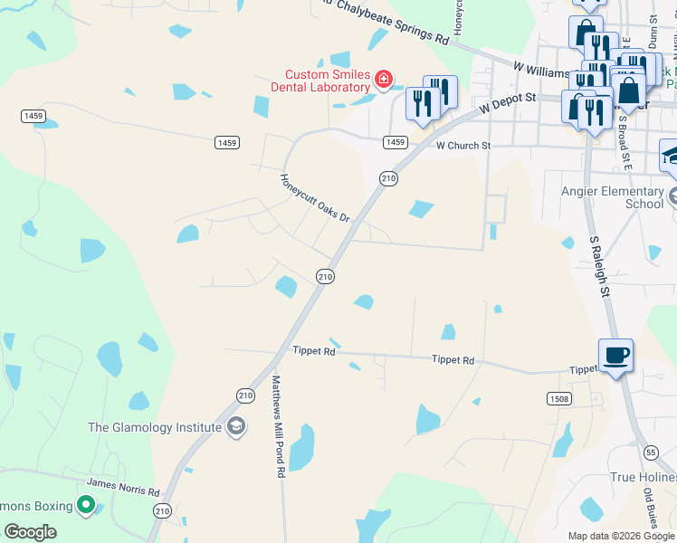 map of restaurants, bars, coffee shops, grocery stores, and more near 8136 North Carolina 210 in Angier