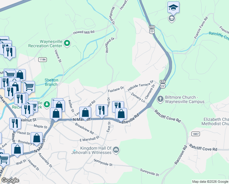 map of restaurants, bars, coffee shops, grocery stores, and more near 200 Woodland Drive in Waynesville