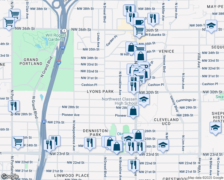 map of restaurants, bars, coffee shops, grocery stores, and more near 3025 Northwest 30th Street in Oklahoma City