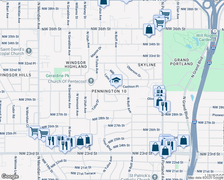 map of restaurants, bars, coffee shops, grocery stores, and more near 3101 Lyon Boulevard in Oklahoma City