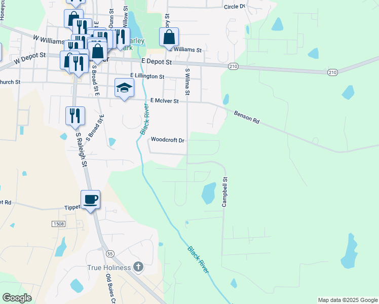 map of restaurants, bars, coffee shops, grocery stores, and more near in Angier