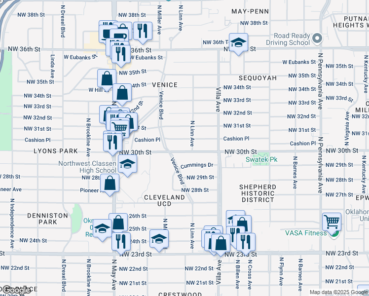 map of restaurants, bars, coffee shops, grocery stores, and more near 2621 Northwest 30th Street in Oklahoma City